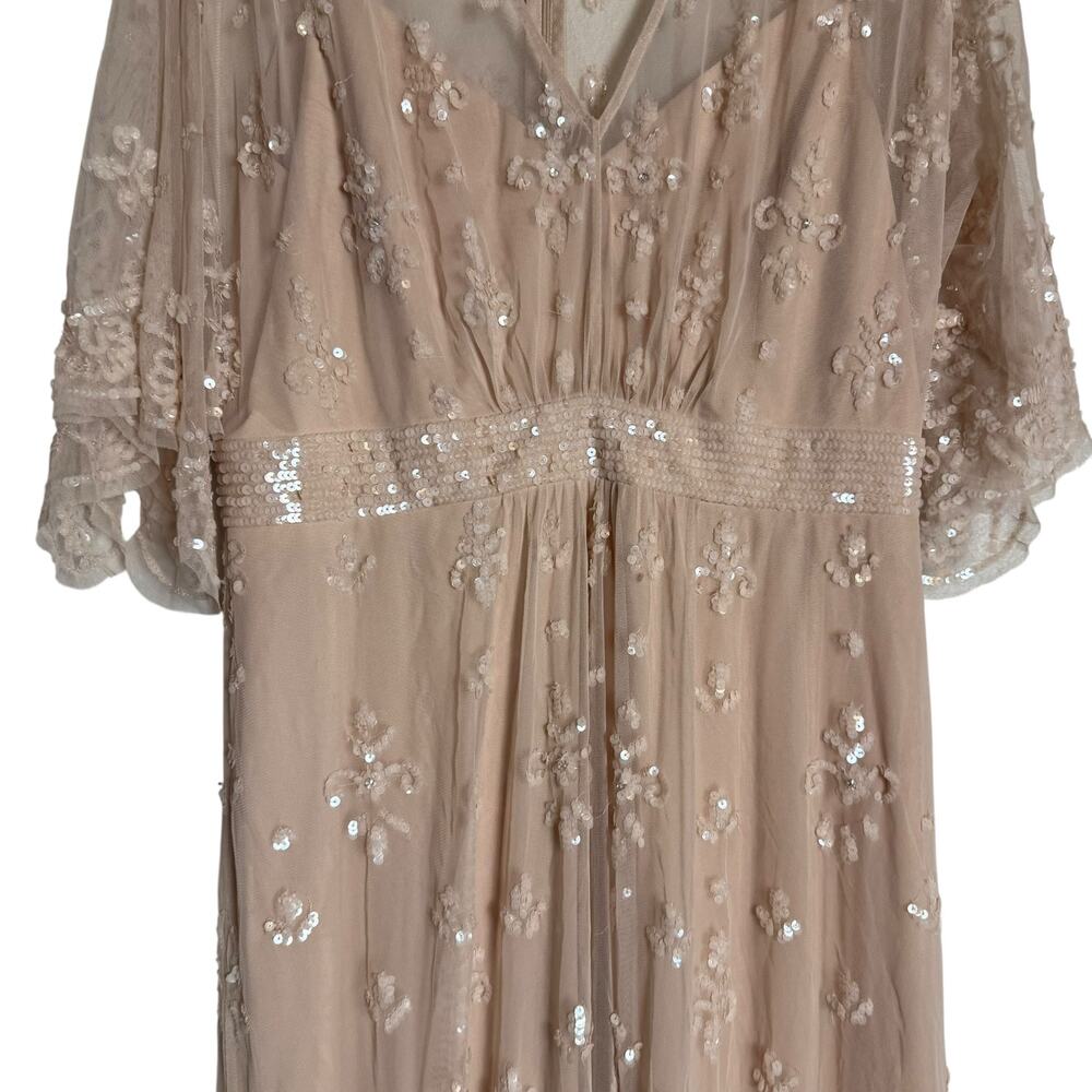 Mac Duggal Blush V Neck Embellished Flutter Sleeve A Line Formal Gown Size 10 - Picture 8 of 14